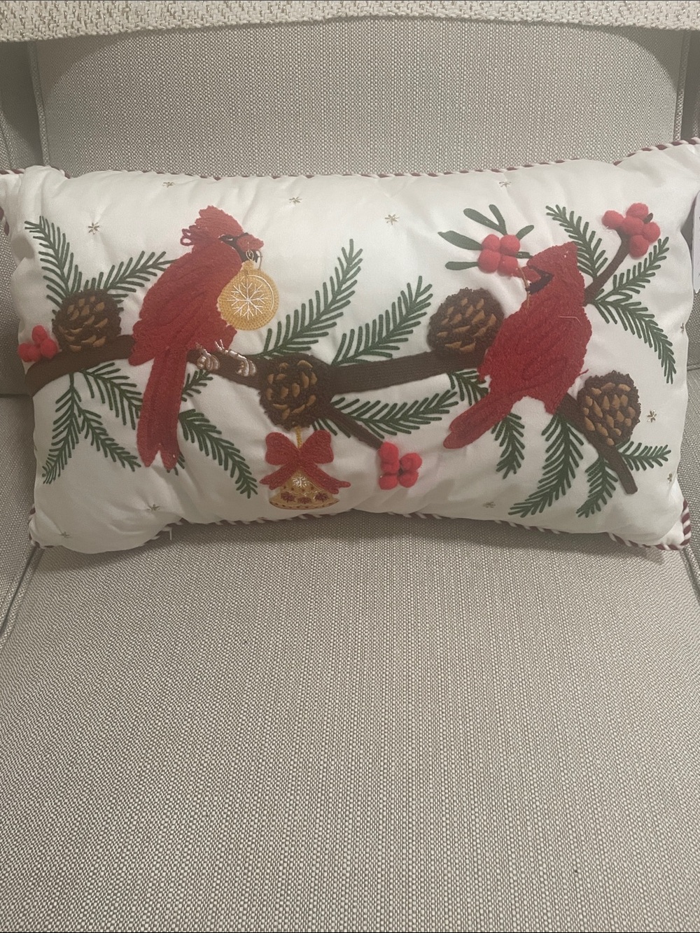Studio Embroidered Cardinal Pillow in White, Red, Green